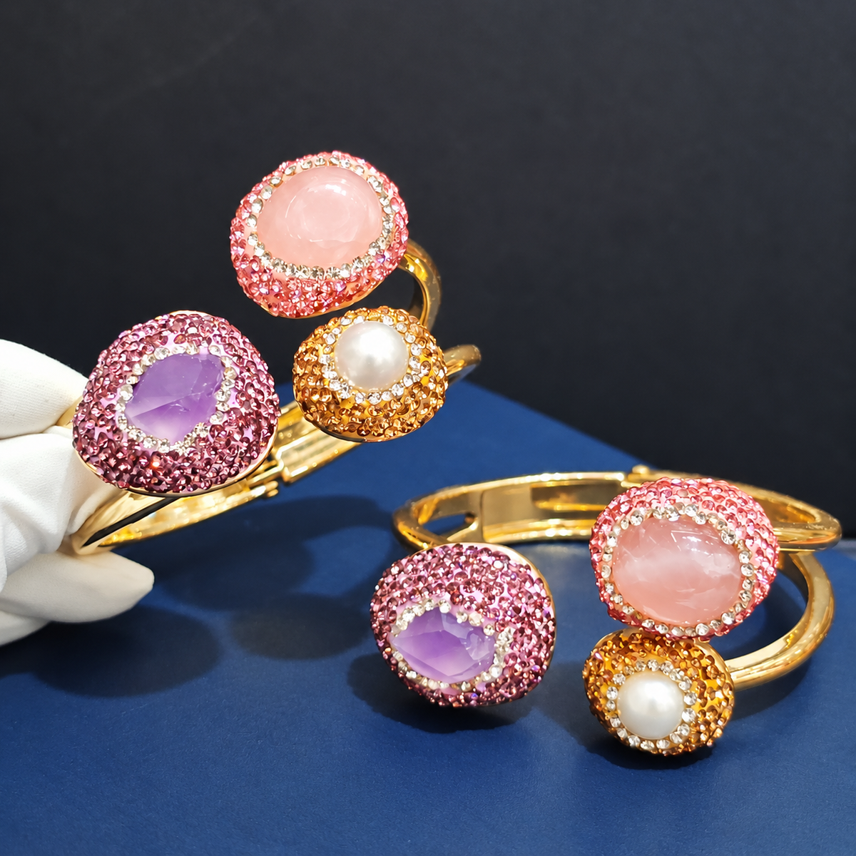 Copper Gold‑Plated Bangle Inlaid With Rough Natural Crystal & Rhinestones