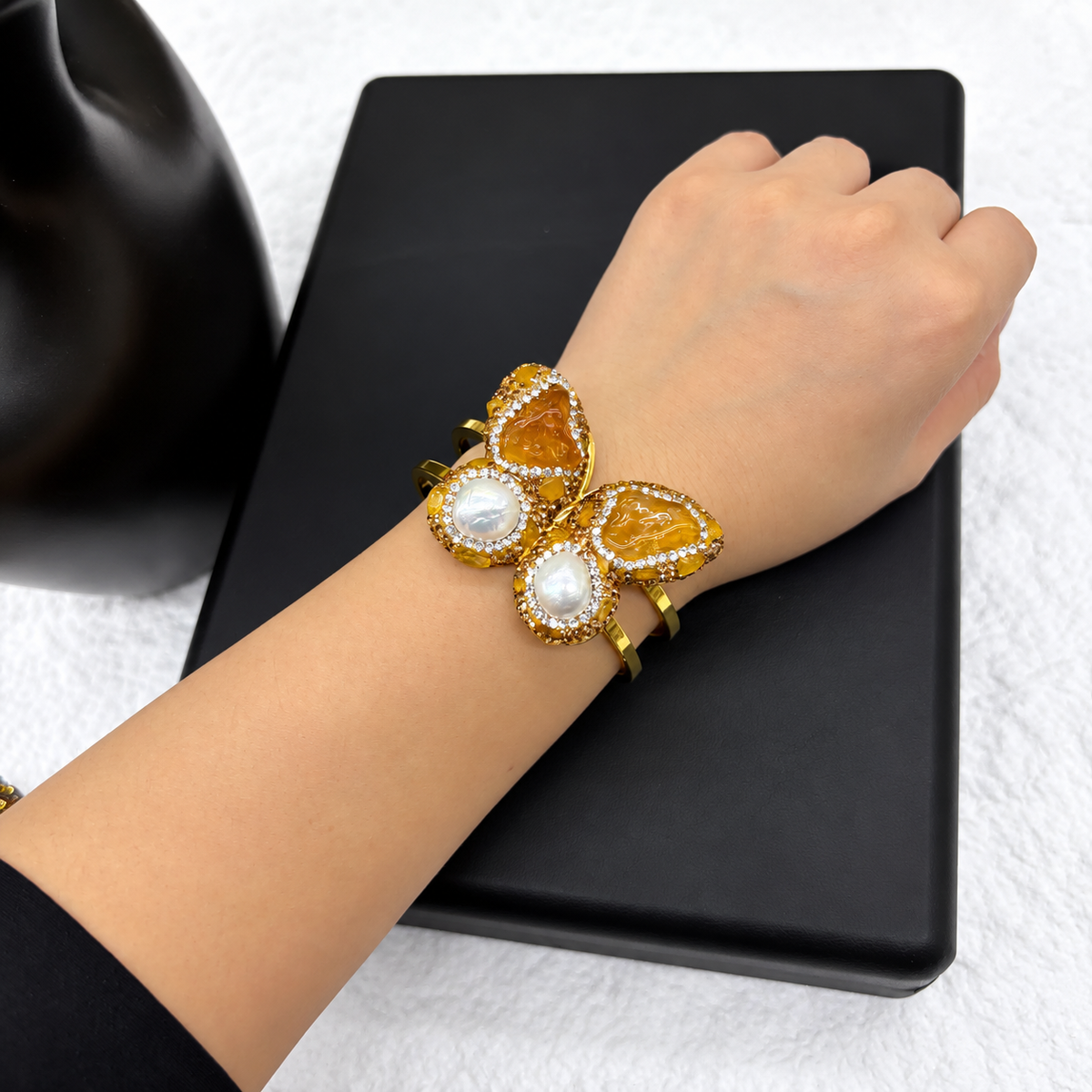 New Arrival, Copper Gold‑Plated Butterfly Bangle With Natural Crystal & Paved Rhinestones