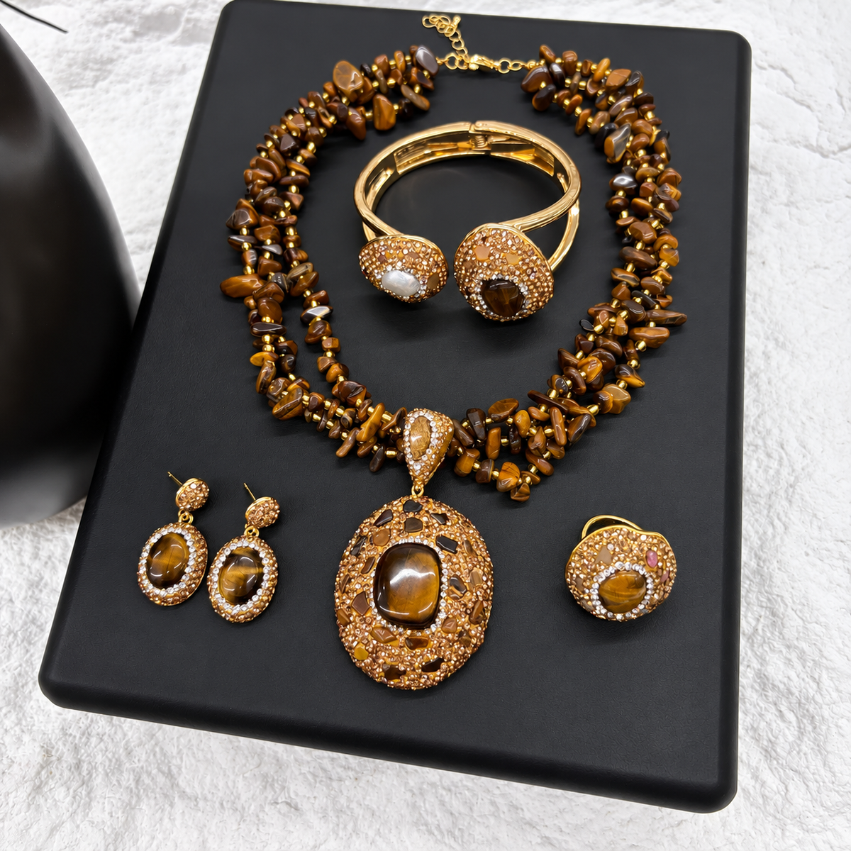 Wholesale Copper Gold‑Plated 4‑Piece Jewelry Set, Natural Stone Crystal Full Rhinestone Inlay, Necklace, Bangle, Earrings, Ring