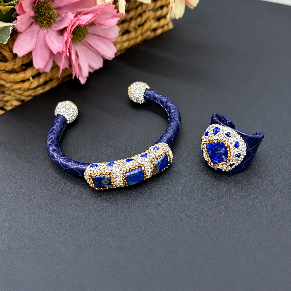 Crystal Rhinestone Copper Bangle & Ring 2‑Piece Set, High‑End Elegant Adjustable Open‑Cuff Jewelry, Eco‑Friendly Electroplated(副本)