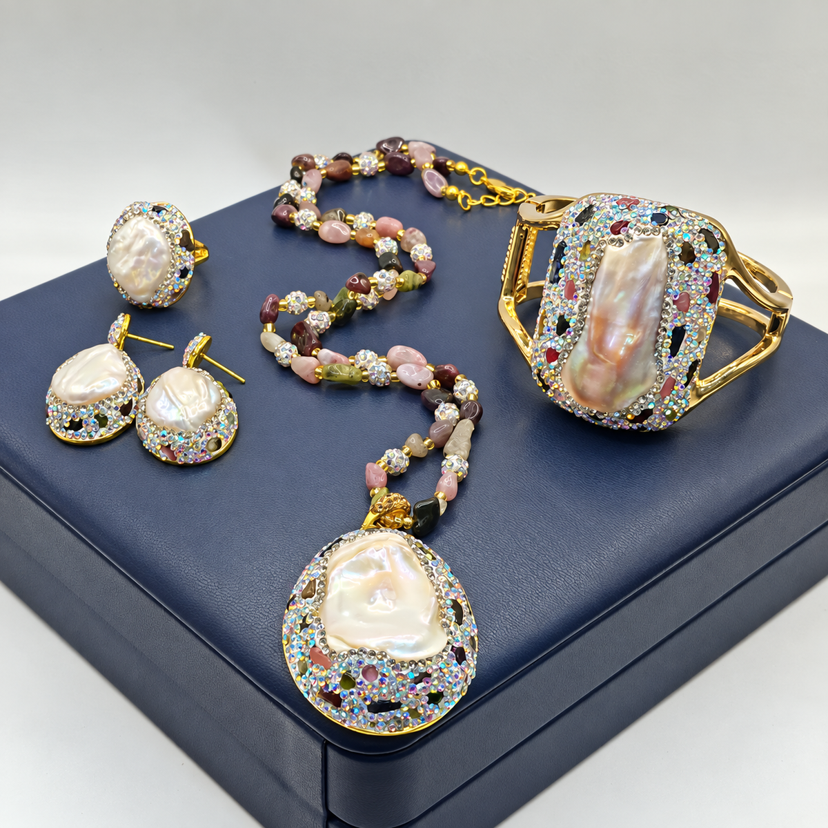 Baroque Pearl 4-Piece Jewelry Set – Necklace, Cuff Bracelet, Ring & Earrings