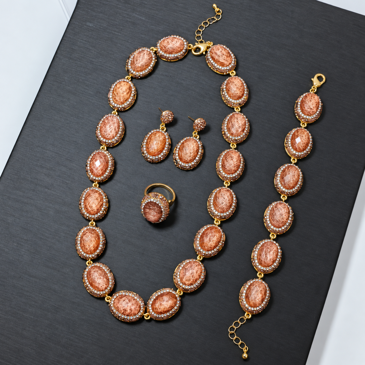Wholesale 4‑Piece Natural Stone Full Rhinestone Gold‑Plated Jewelry Set