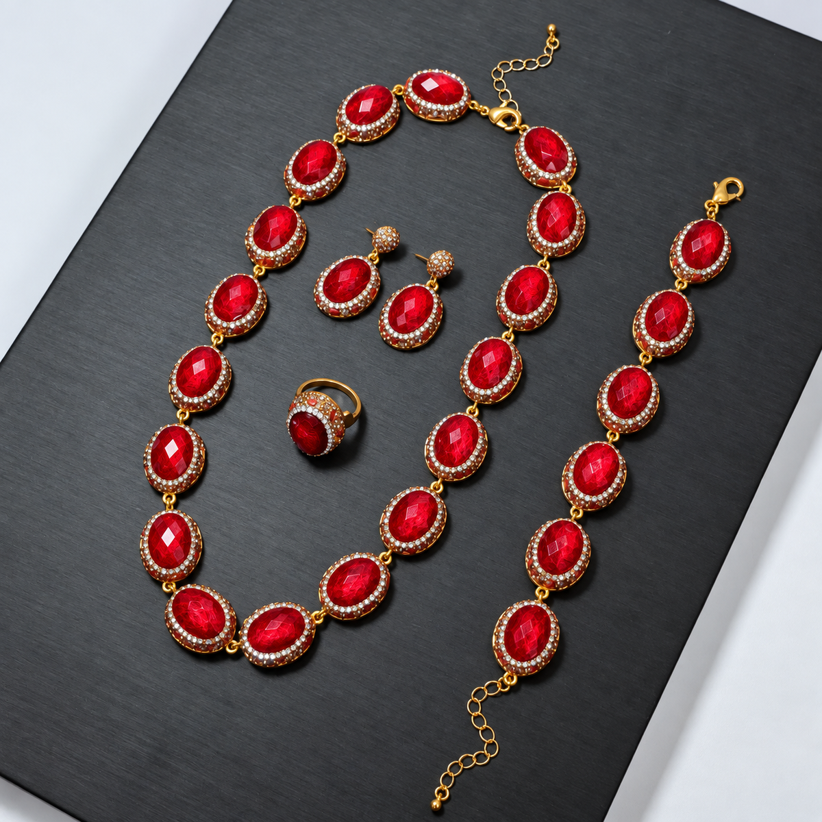 Wholesale 4‑Piece Natural Stone Full Rhinestone Gold‑Plated Jewelry Set