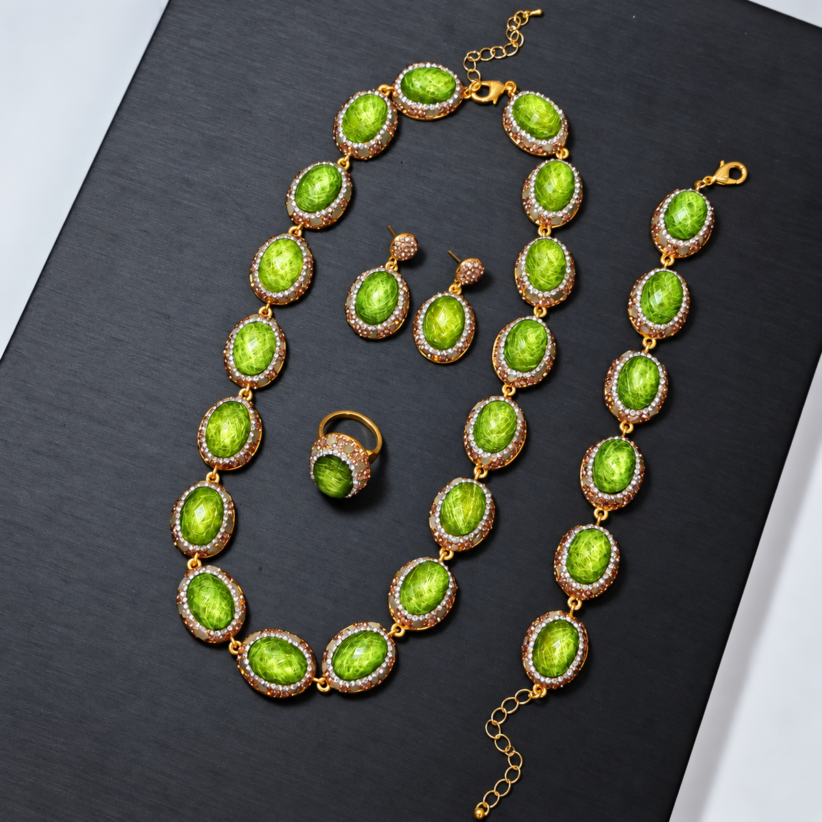 Wholesale 4‑Piece Natural Stone Full Rhinestone Gold‑Plated Jewelry Set