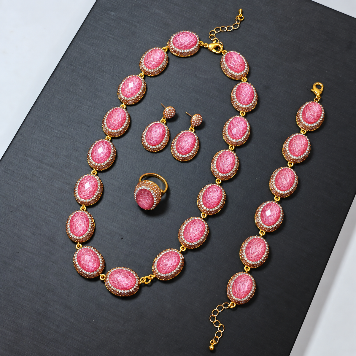 Wholesale 4‑Piece Natural Stone Full Rhinestone Gold‑Plated Jewelry Set