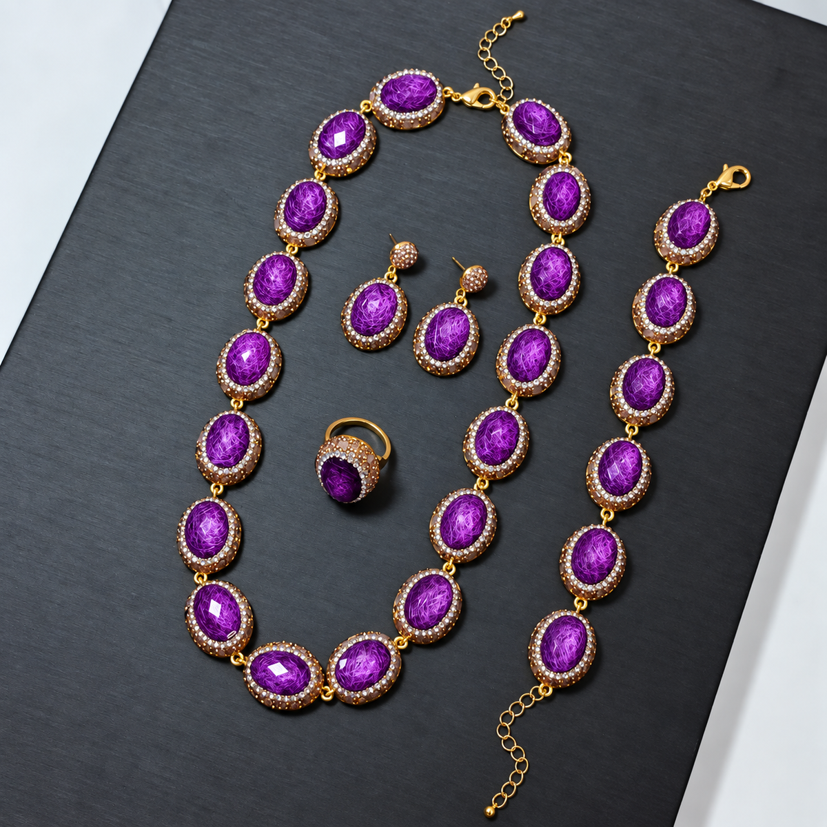 Wholesale 4‑Piece Natural Stone Full Rhinestone Gold‑Plated Jewelry Set
