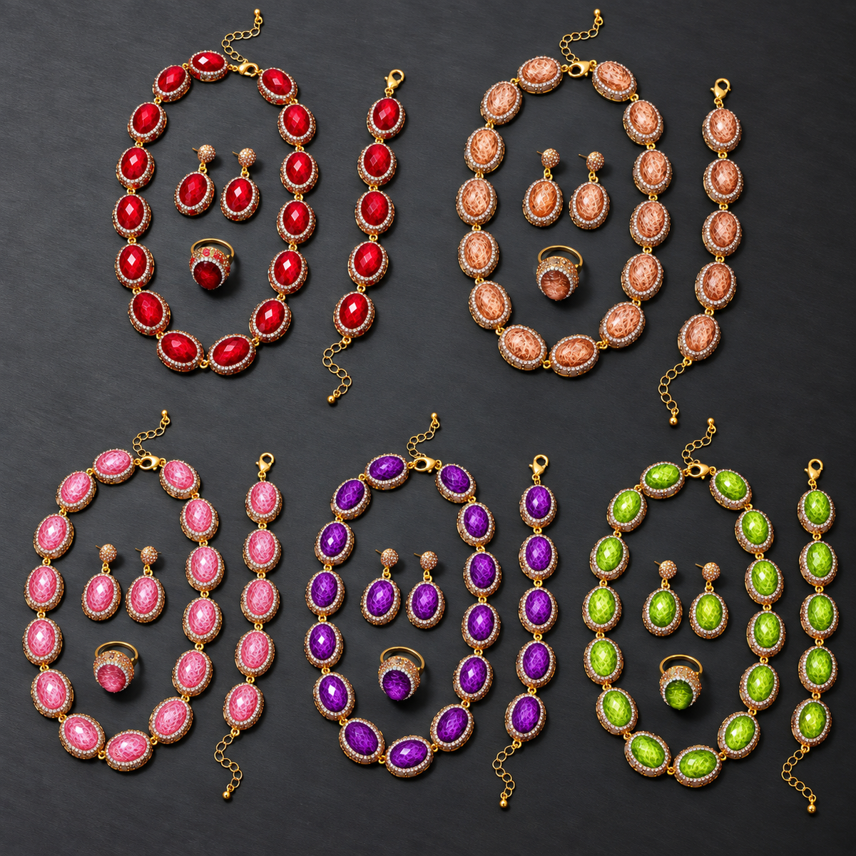 Wholesale 4‑Piece Natural Stone Full Rhinestone Gold‑Plated Jewelry Set