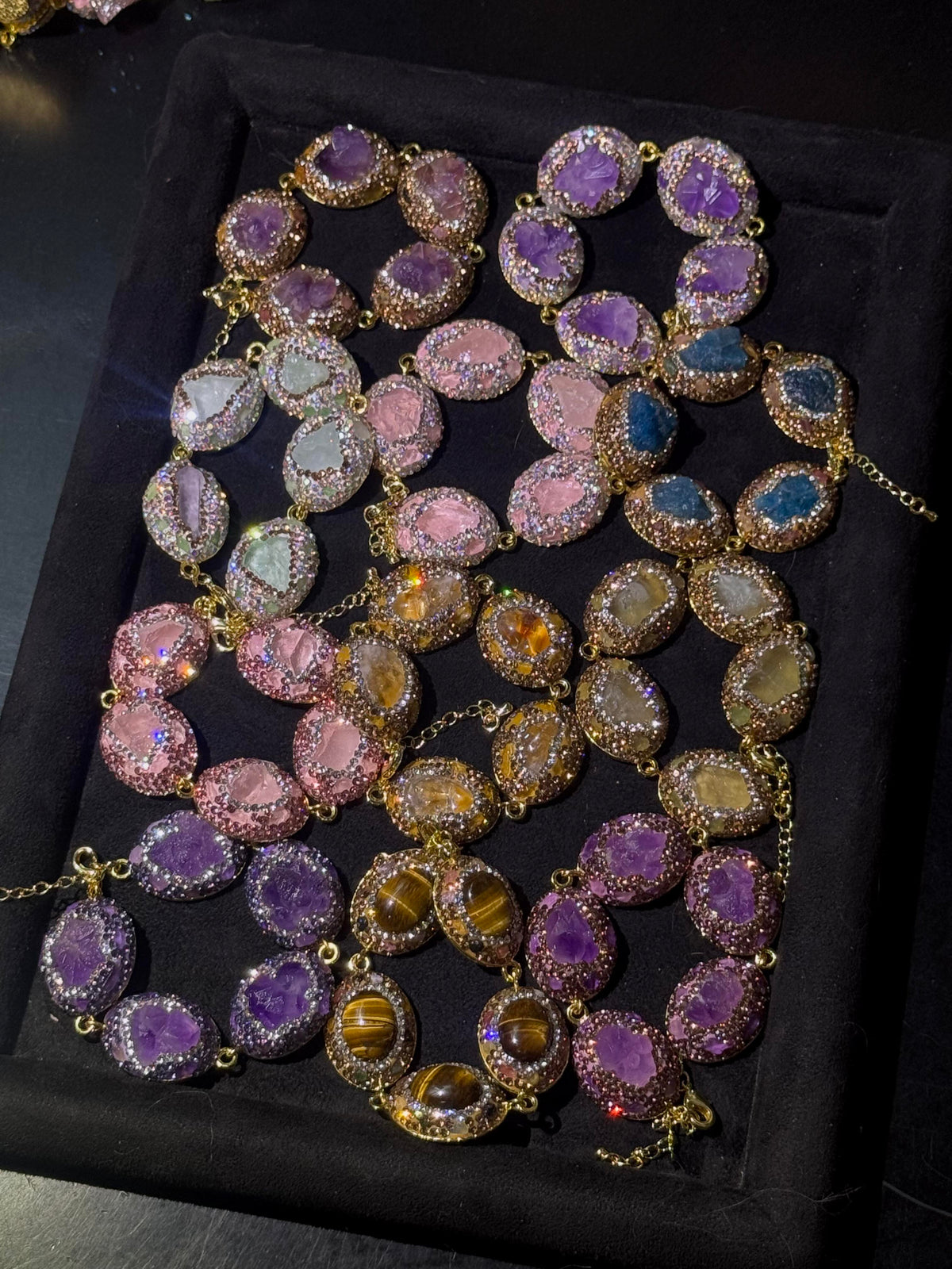 Wholesale Gold‑Plated Clover Shape Natural Stone Full Rhinestone Bracelet, Multi‑Color Available