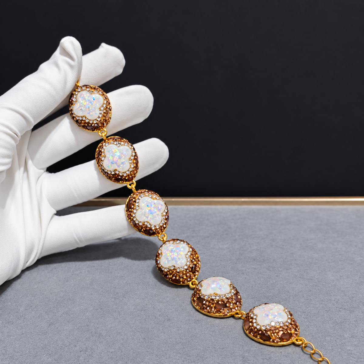 Wholesale Gold‑Plated Clover Shape Natural Stone Full Rhinestone Bracelet, Multi‑Color Available