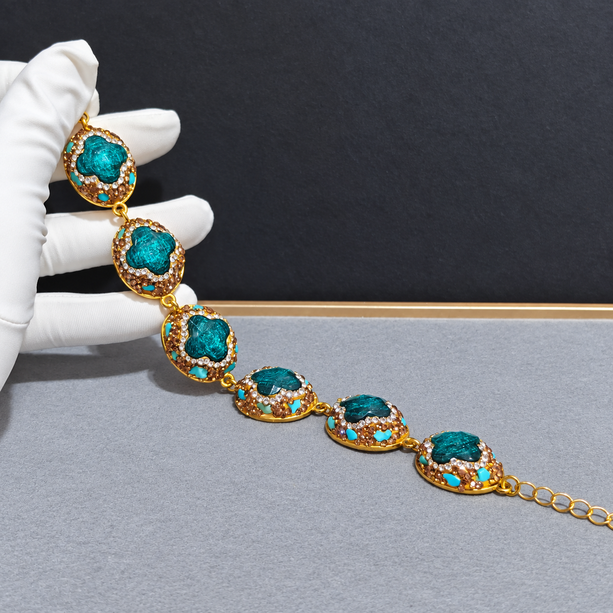 Wholesale Gold‑Plated Clover Shape Natural Stone Full Rhinestone Bracelet, Multi‑Color Available