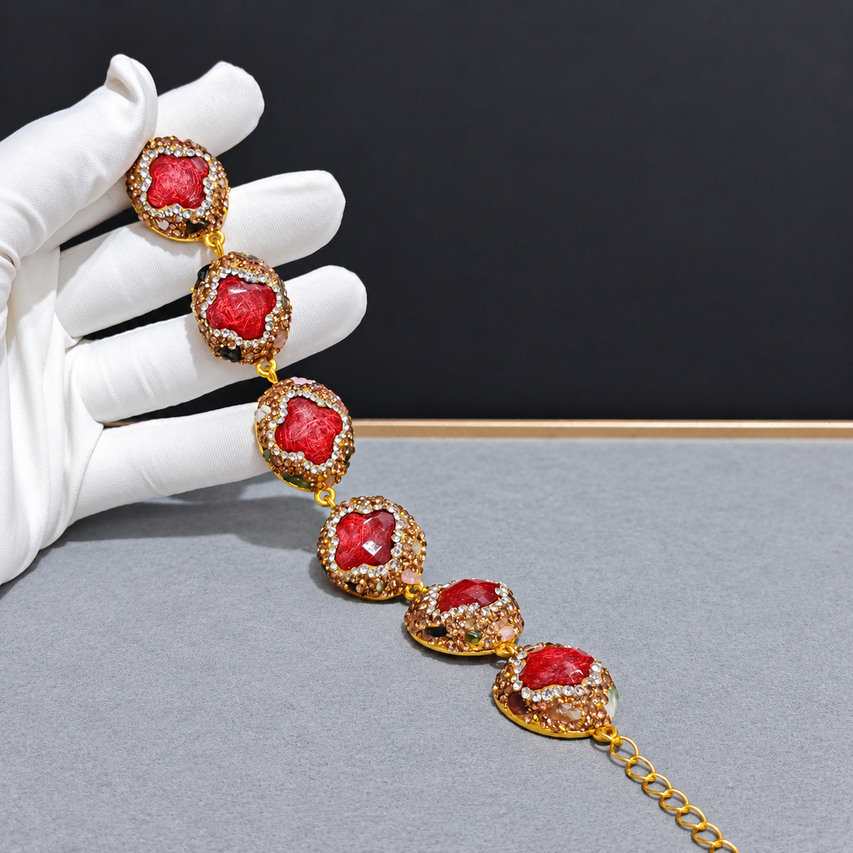 Wholesale Gold‑Plated Clover Shape Natural Stone Full Rhinestone Bracelet, Multi‑Color Available