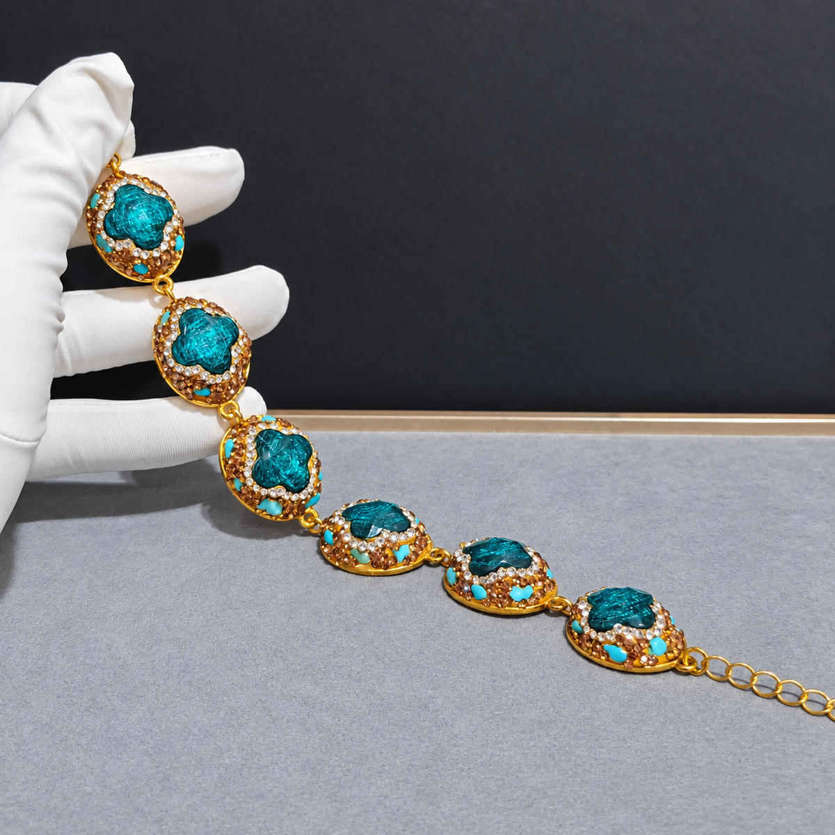Wholesale Gold‑Plated Clover Shape Natural Stone Full Rhinestone Bracelet, Multi‑Color Available