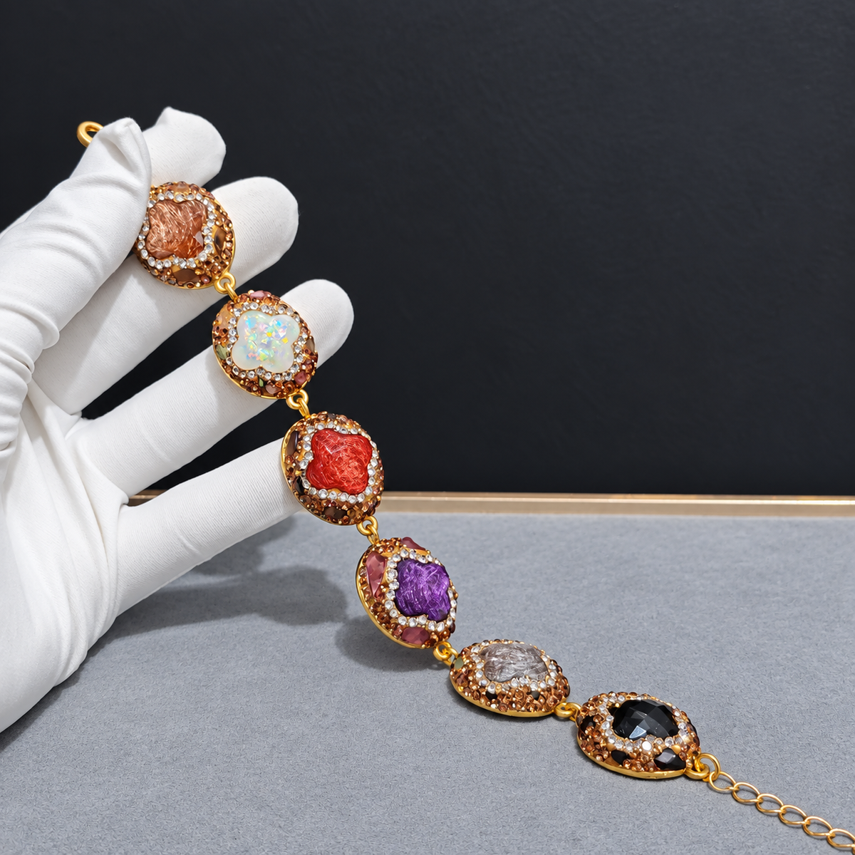 Wholesale Gold‑Plated Clover Shape Natural Stone Full Rhinestone Bracelet, Multi‑Color Available