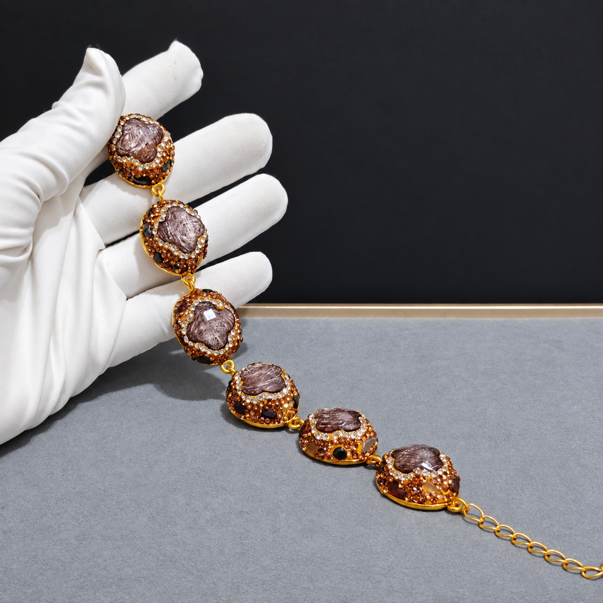 Wholesale Gold‑Plated Clover Shape Natural Stone Full Rhinestone Bracelet, Multi‑Color Available