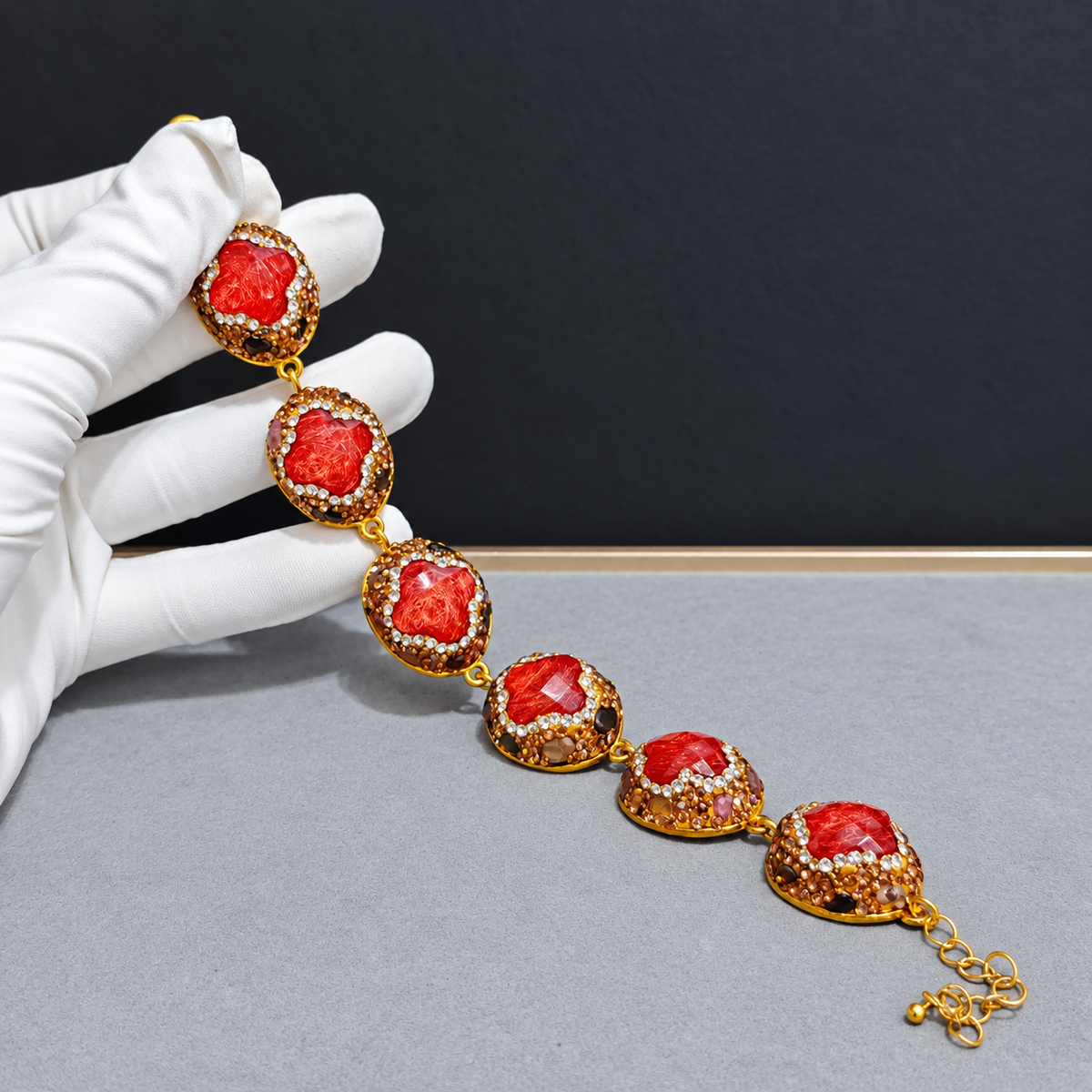 Wholesale Gold‑Plated Clover Shape Natural Stone Full Rhinestone Bracelet, Multi‑Color Available