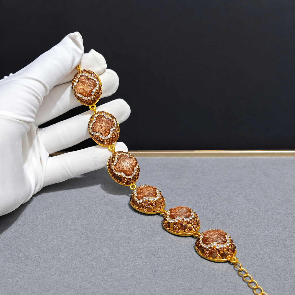 Wholesale Gold‑Plated Clover Shape Natural Stone Full Rhinestone Bracelet, Multi‑Color Available