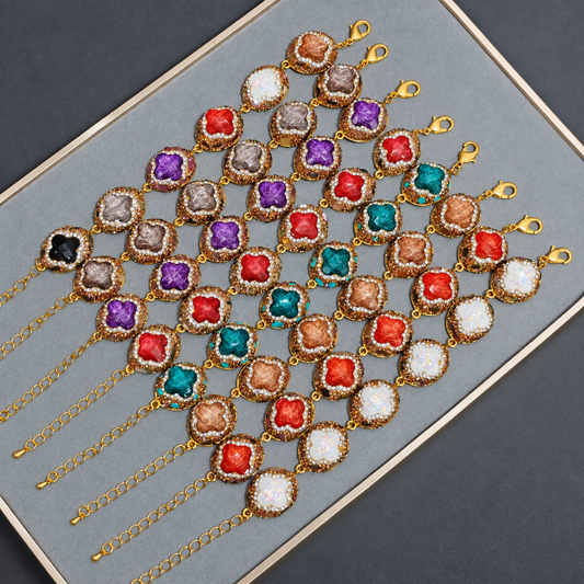 Wholesale Gold‑Plated Clover Shape Natural Stone Full Rhinestone Bracelet, Multi‑Color Available