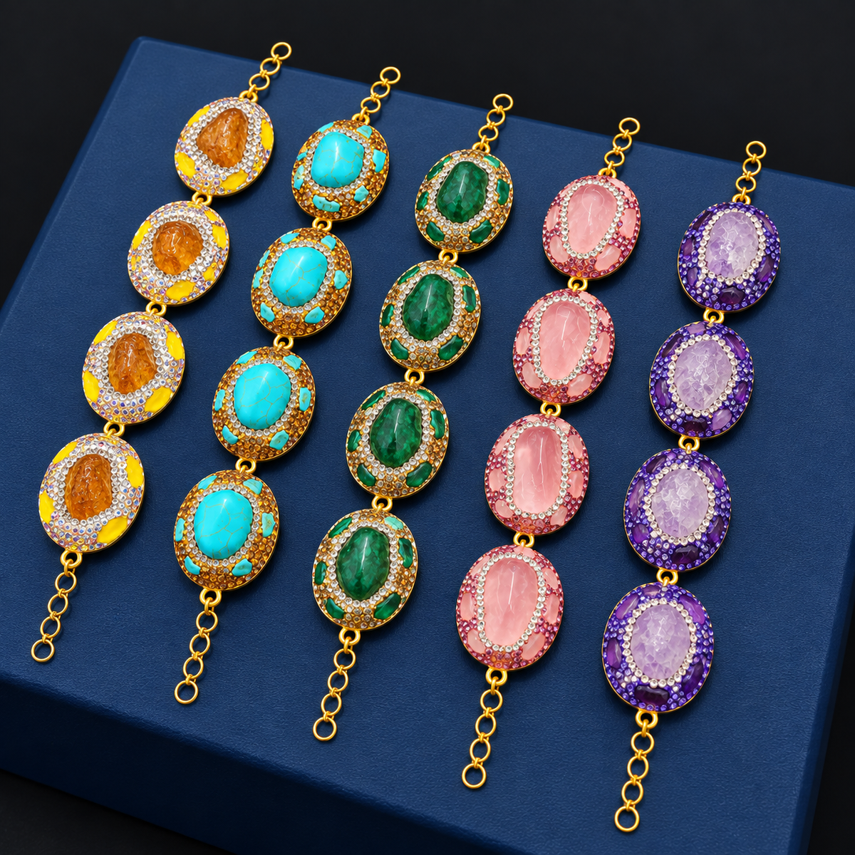 Wholesale Gold‑Plated Natural Stone Full Rhinestone Bracelet, Multi‑Color Available
