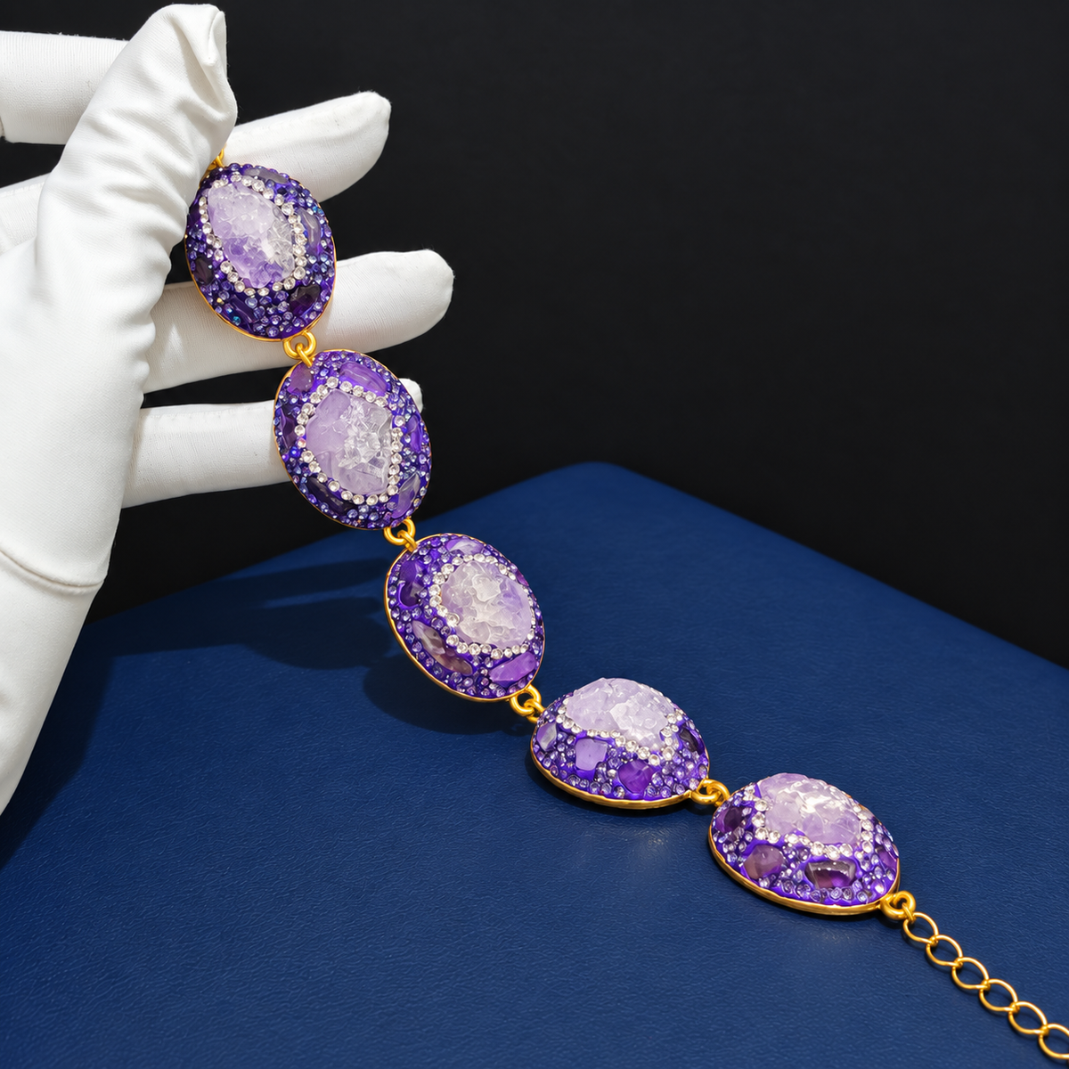 Wholesale Gold‑Plated Natural Stone Full Rhinestone Bracelet, Multi‑Color Available