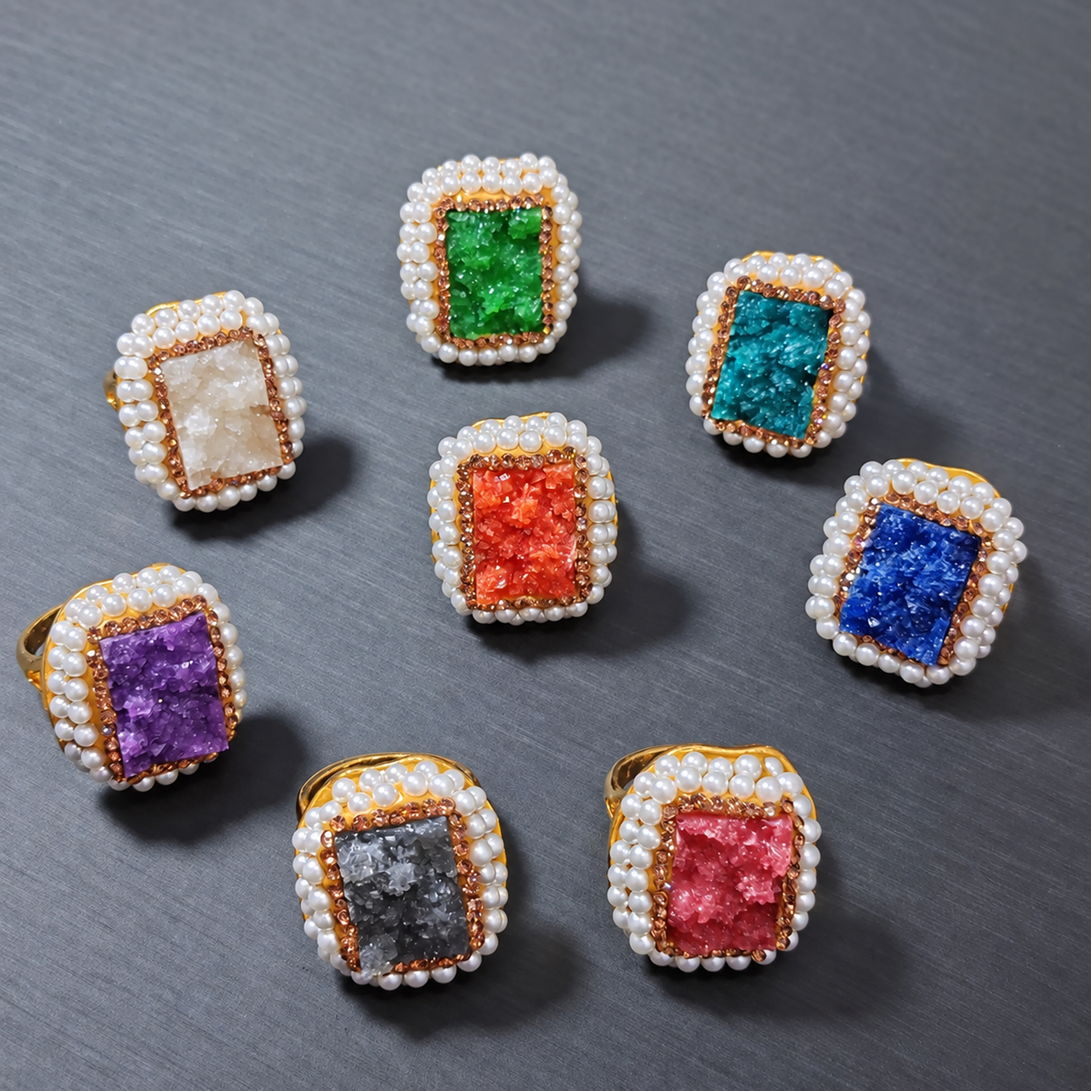 Natural Crystal Stone Rhinestone & Pearl Ring