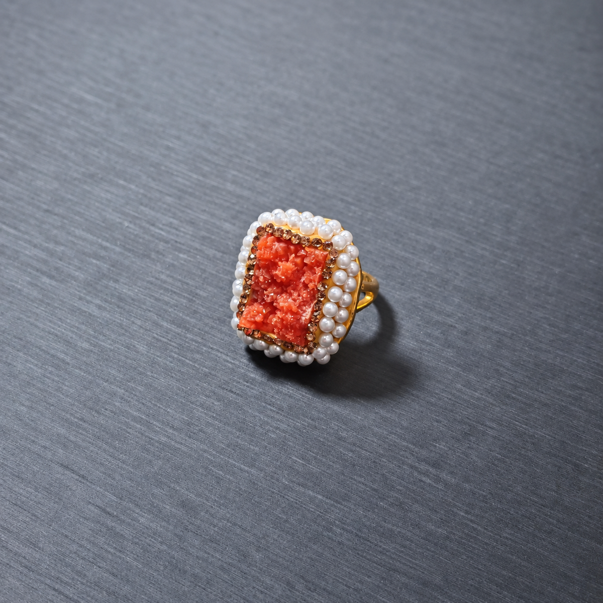 Natural Crystal Stone Rhinestone & Pearl Ring