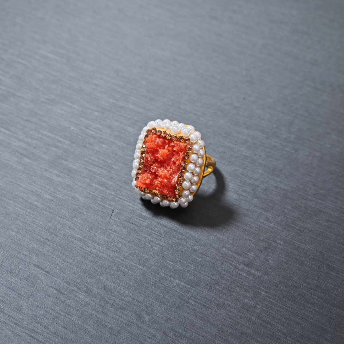 Natural Crystal Stone Rhinestone & Pearl Ring