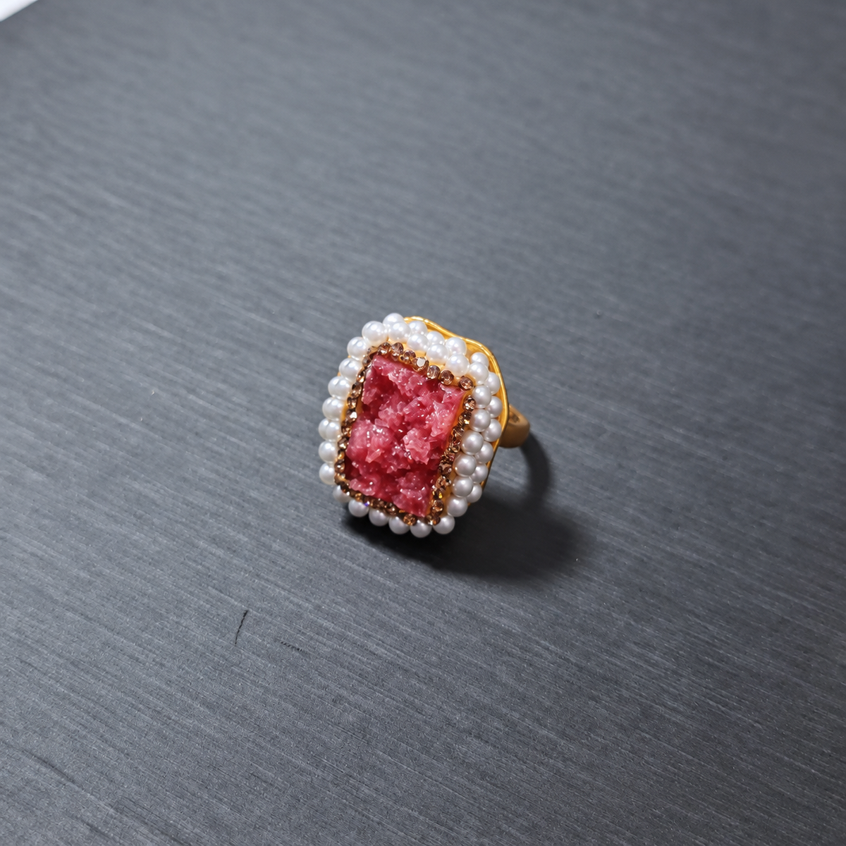 Natural Crystal Stone Rhinestone & Pearl Ring