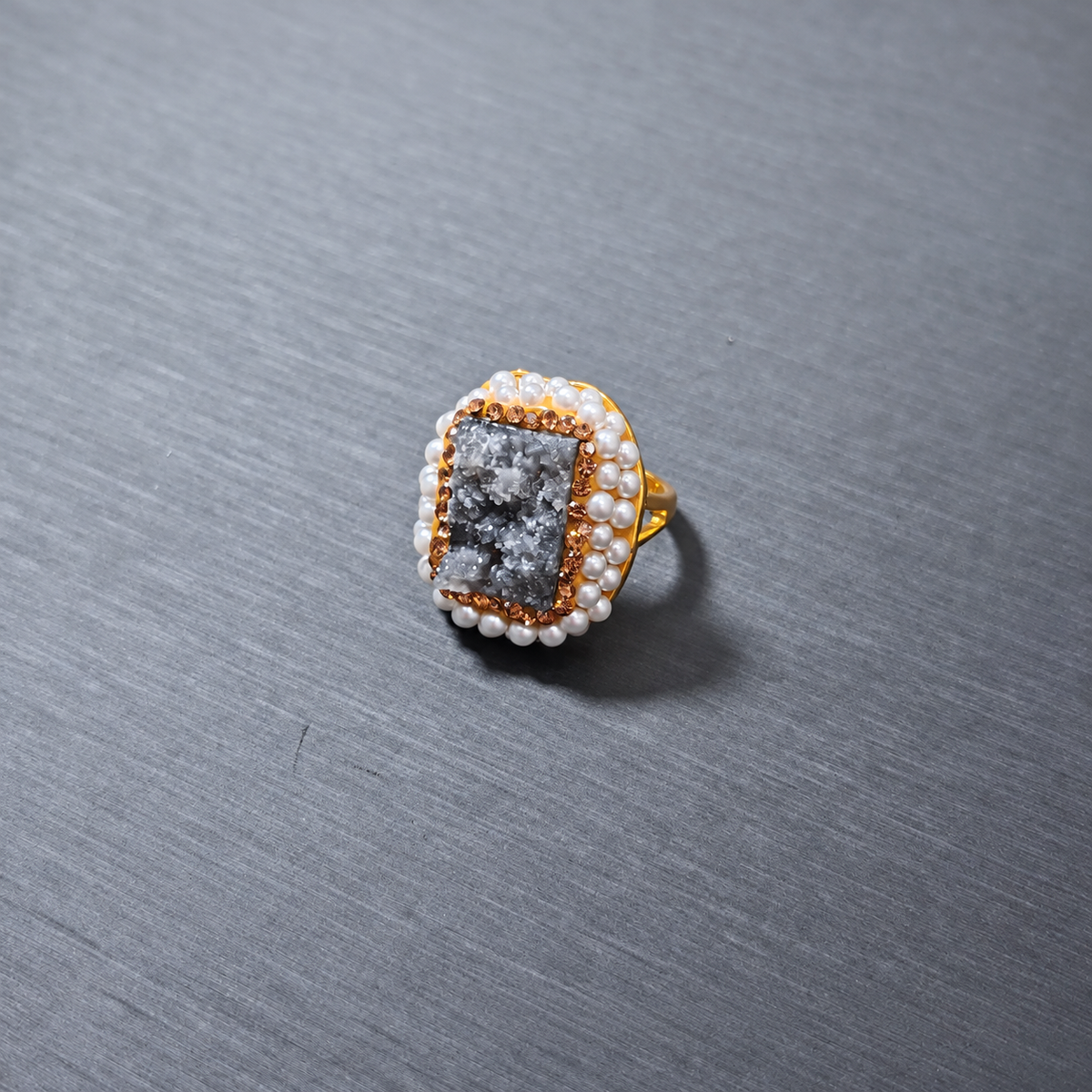 Natural Crystal Stone Rhinestone & Pearl Ring