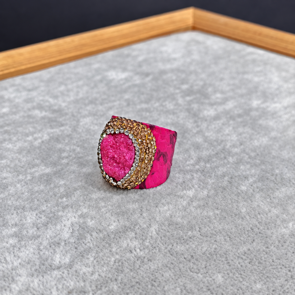 Snake Print Leather Natural Crystal Rhinestone Statement Ring