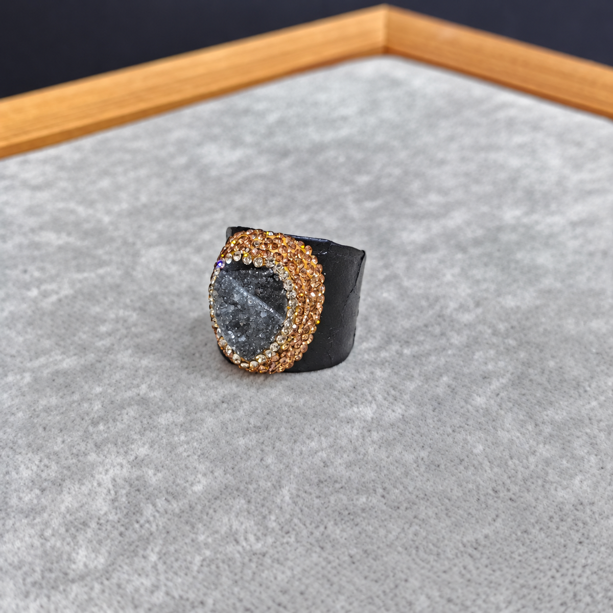 Snake Print Leather Natural Crystal Rhinestone Statement Ring