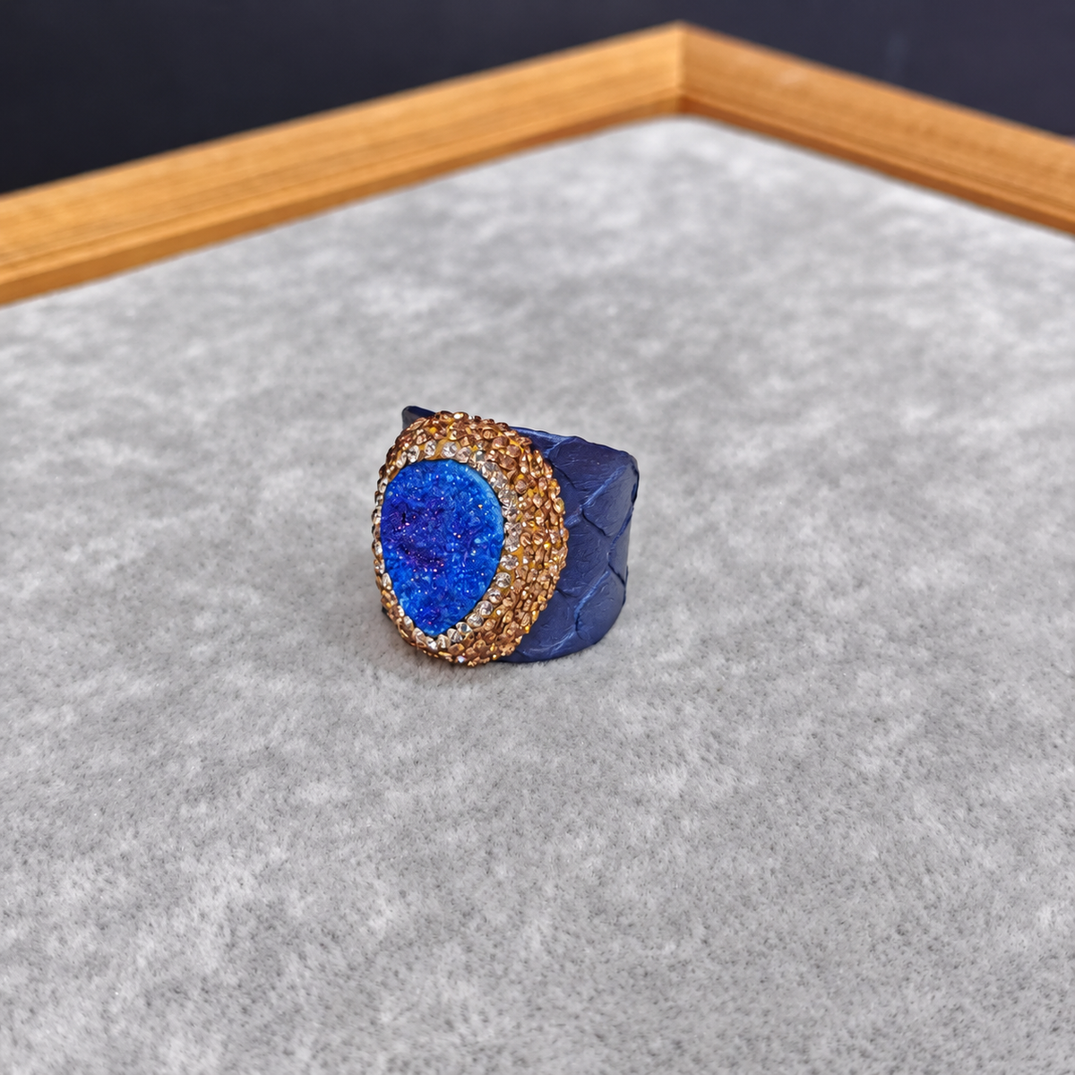 Snake Print Leather Natural Crystal Rhinestone Statement Ring