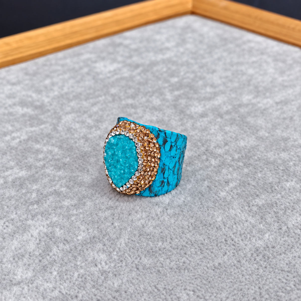 Snake Print Leather Natural Crystal Rhinestone Statement Ring