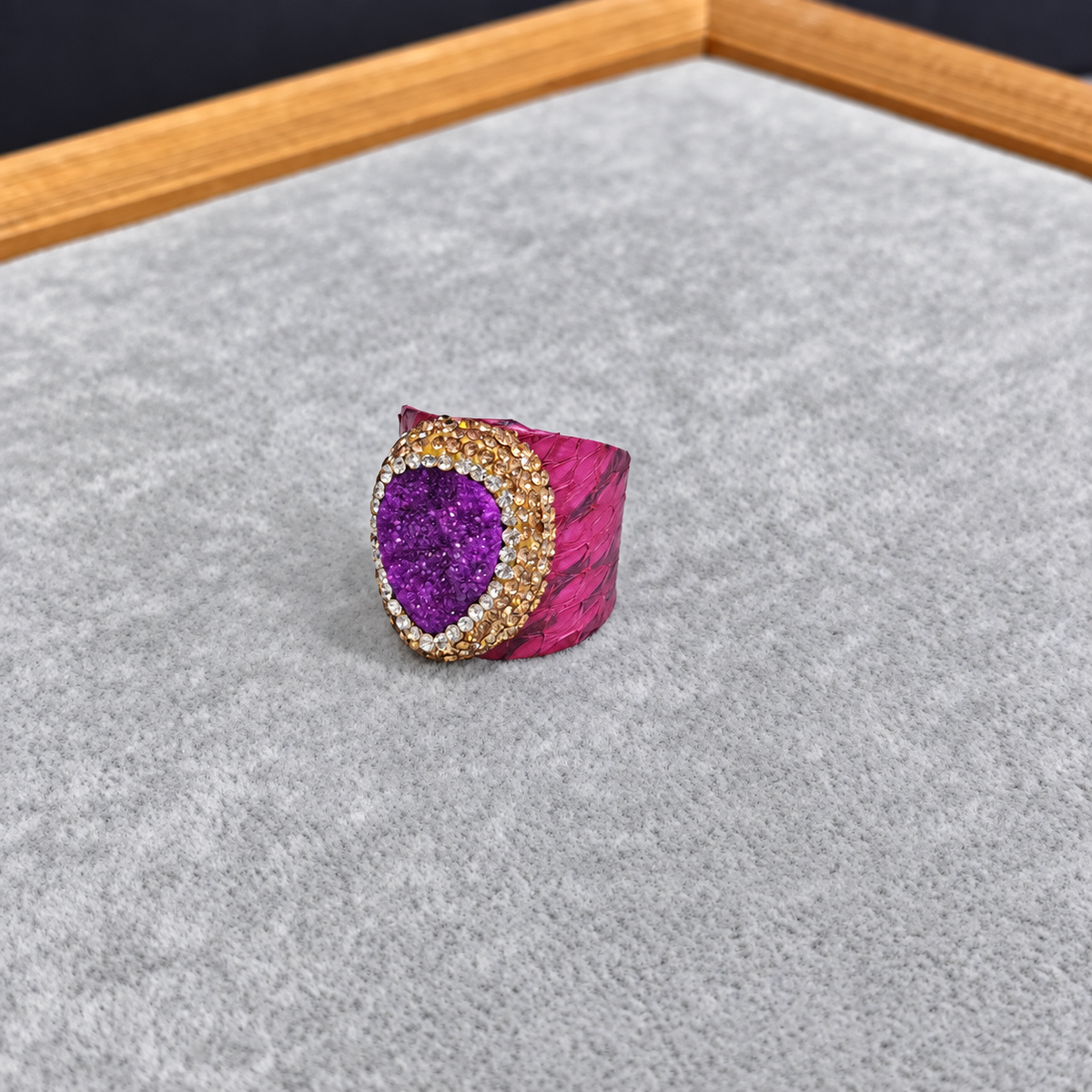 Snake Print Leather Natural Crystal Rhinestone Statement Ring