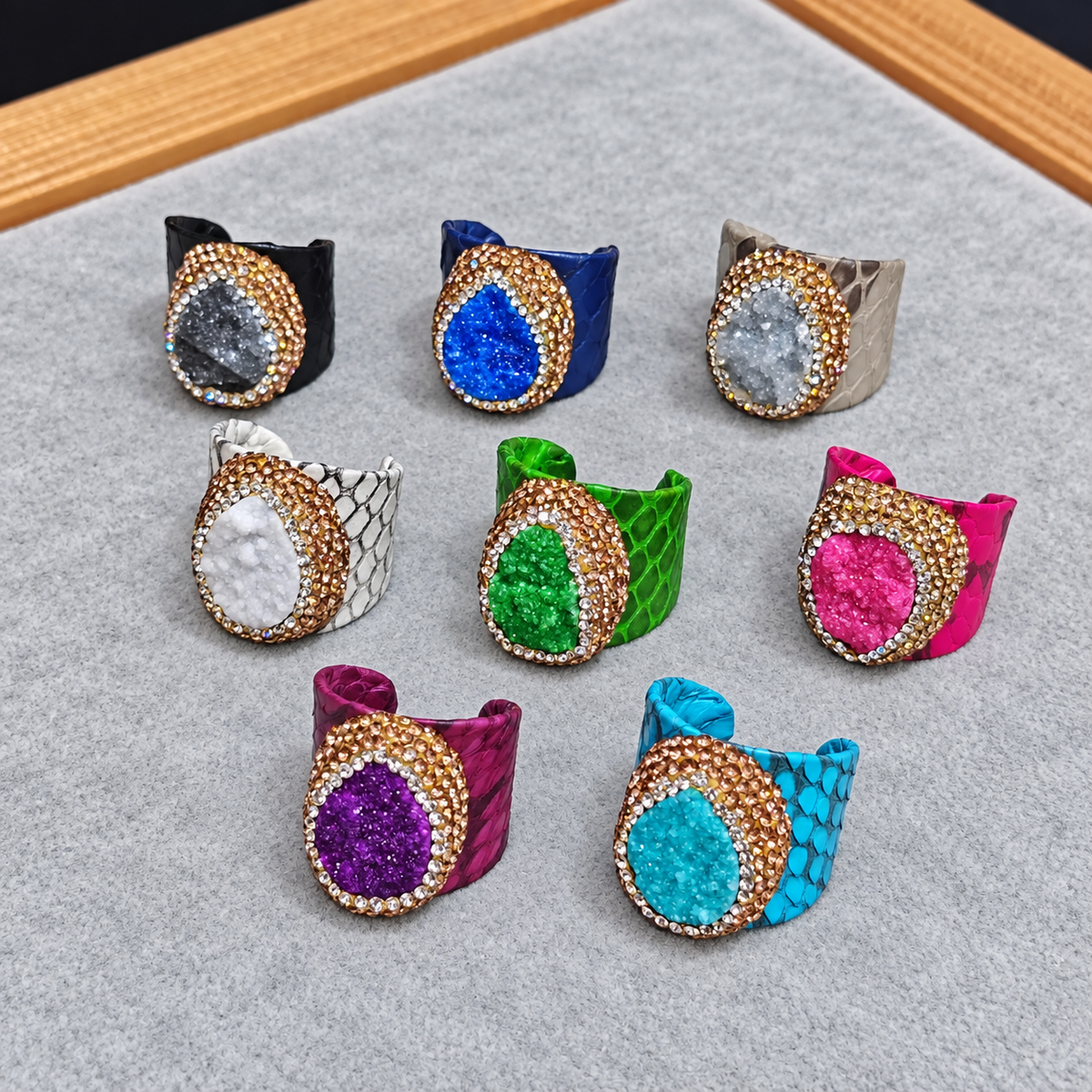 Snake Print Leather Natural Crystal Rhinestone Statement Ring