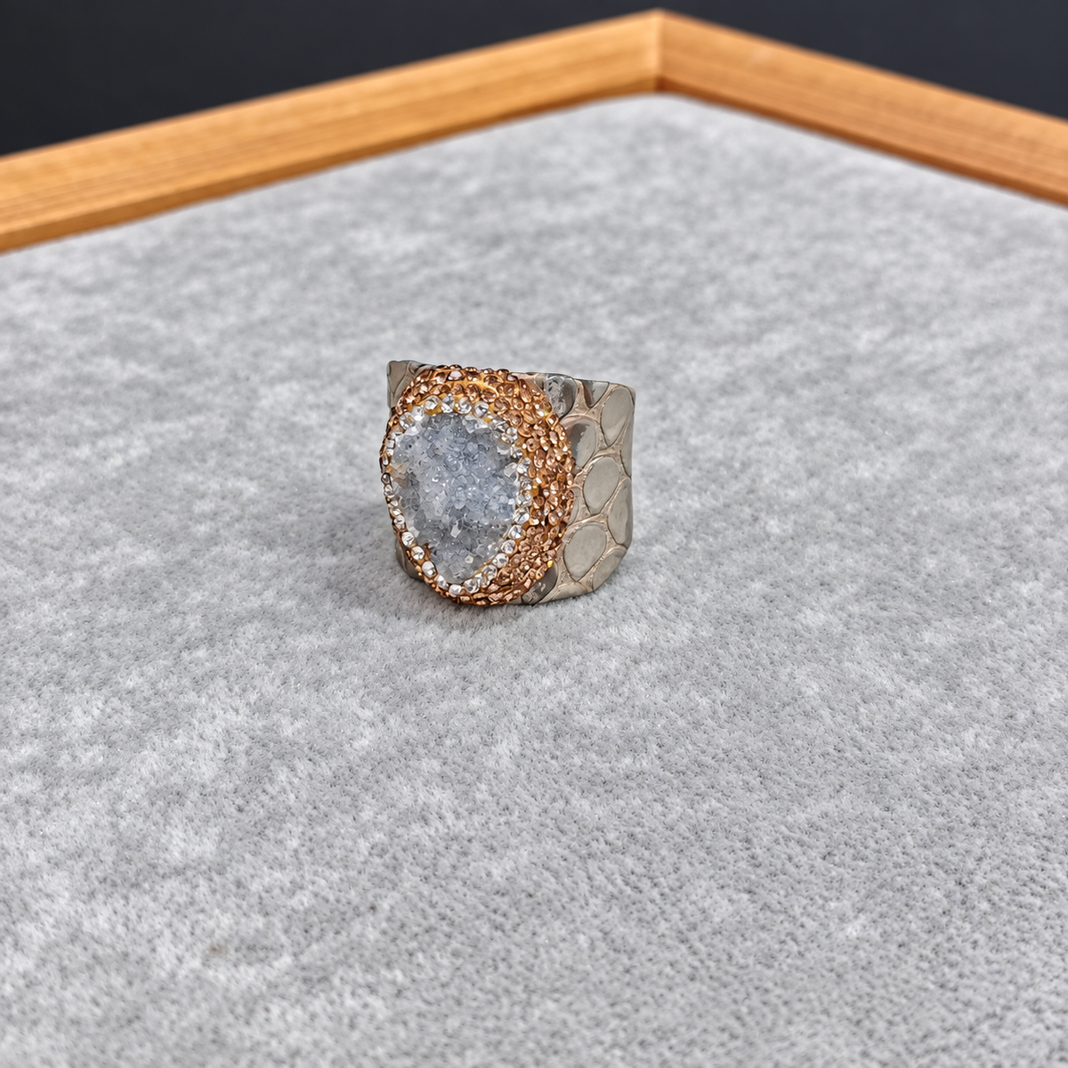 Snake Print Leather Natural Crystal Rhinestone Statement Ring