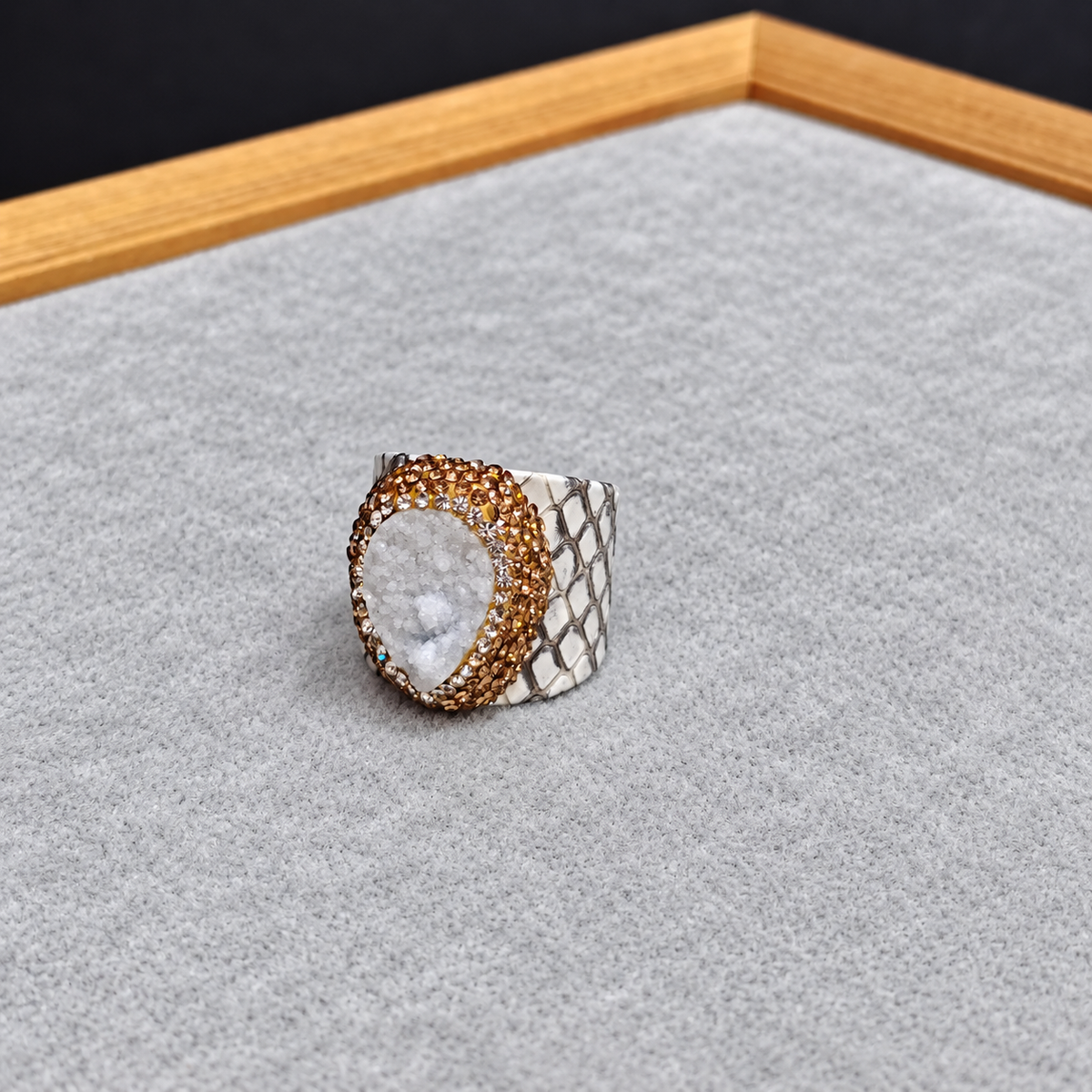 Snake Print Leather Natural Crystal Rhinestone Statement Ring