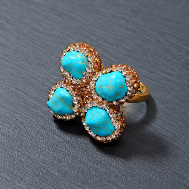 Four‑Leaf Clover Natural Crystal Full Rhinestone Statement Ring