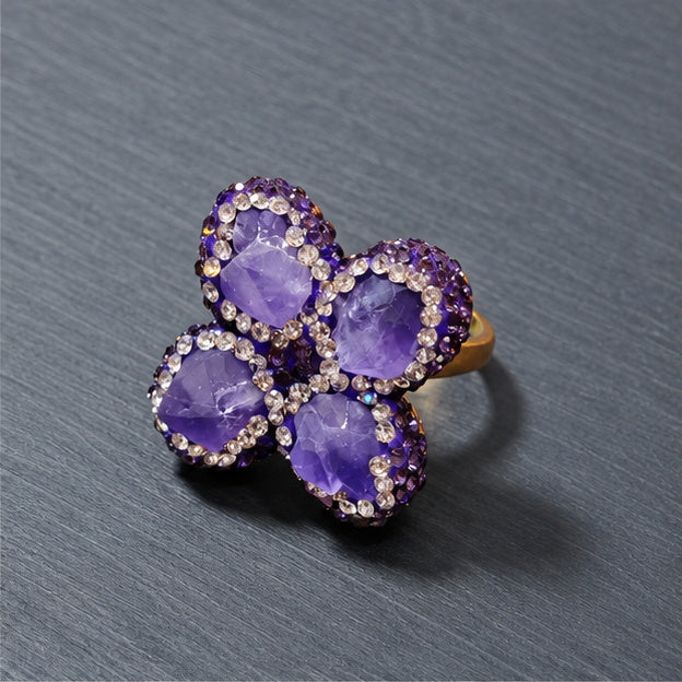 Four‑Leaf Clover Natural Crystal Full Rhinestone Statement Ring