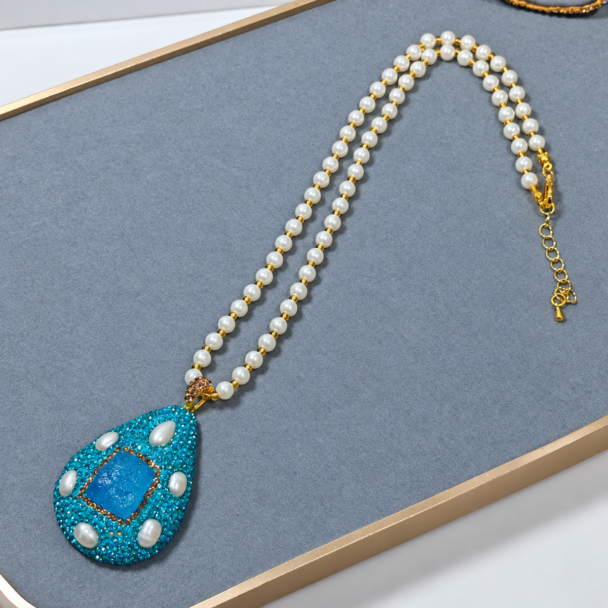 Aquamarine Raw Crystal Rhinestone 4‑Piece Jewelry Set, Includes Bracelet, Necklace, Ring & Earrings