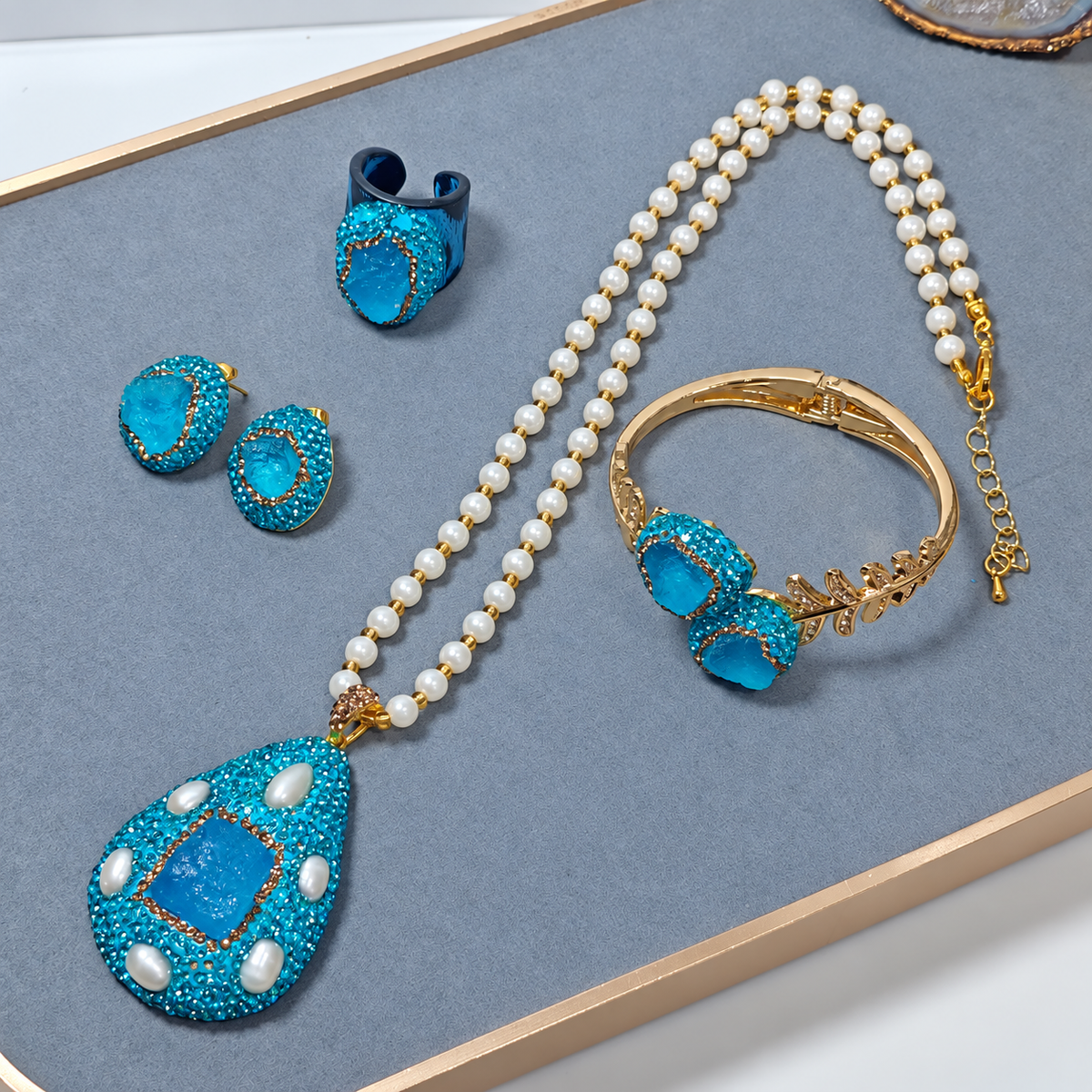 Aquamarine Raw Crystal Rhinestone 4‑Piece Jewelry Set, Includes Bracelet, Necklace, Ring & Earrings