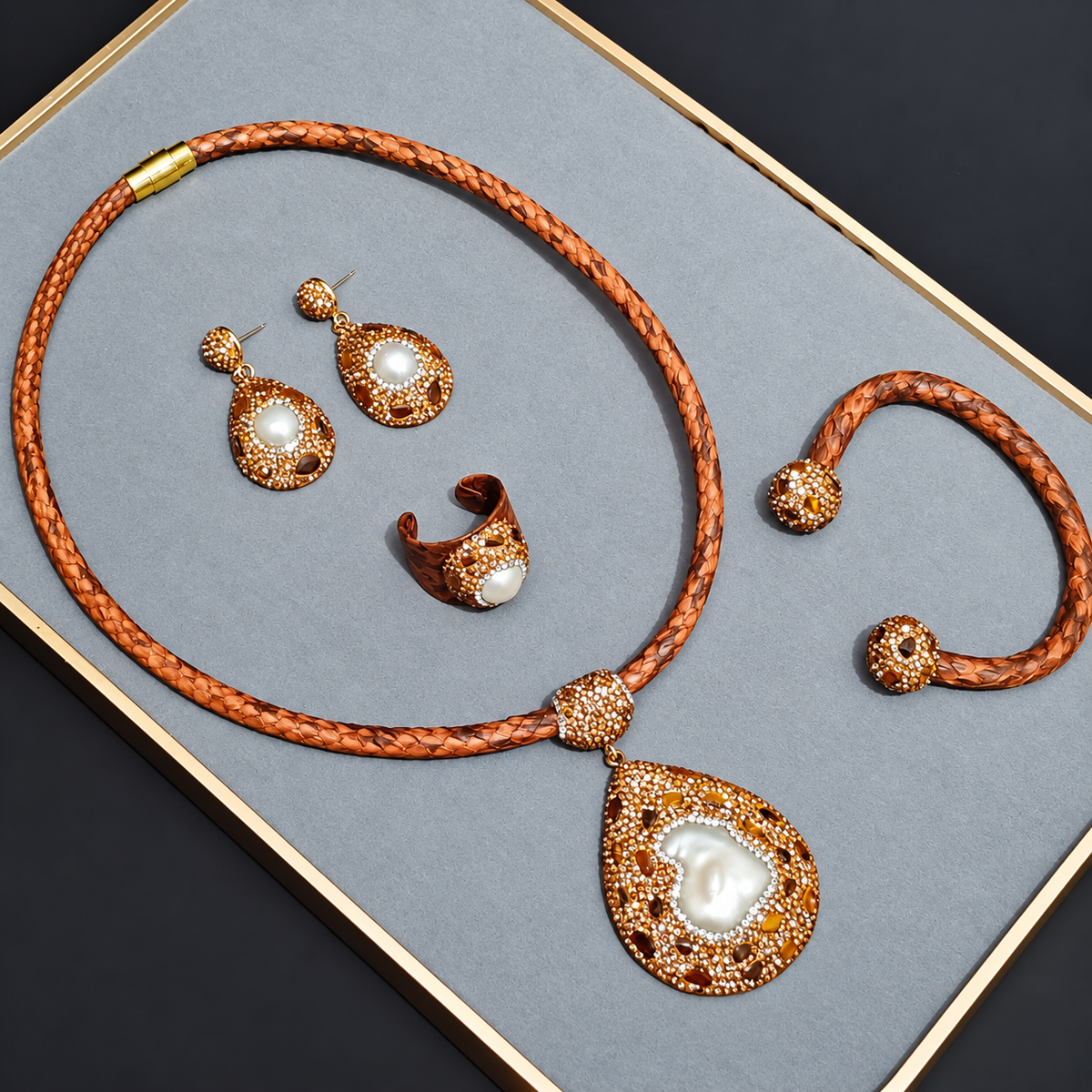 New Arrival Natural Baroque Pearl Rhinestone‑Inlaid Snake Skin 4‑Piece Jewelry Set