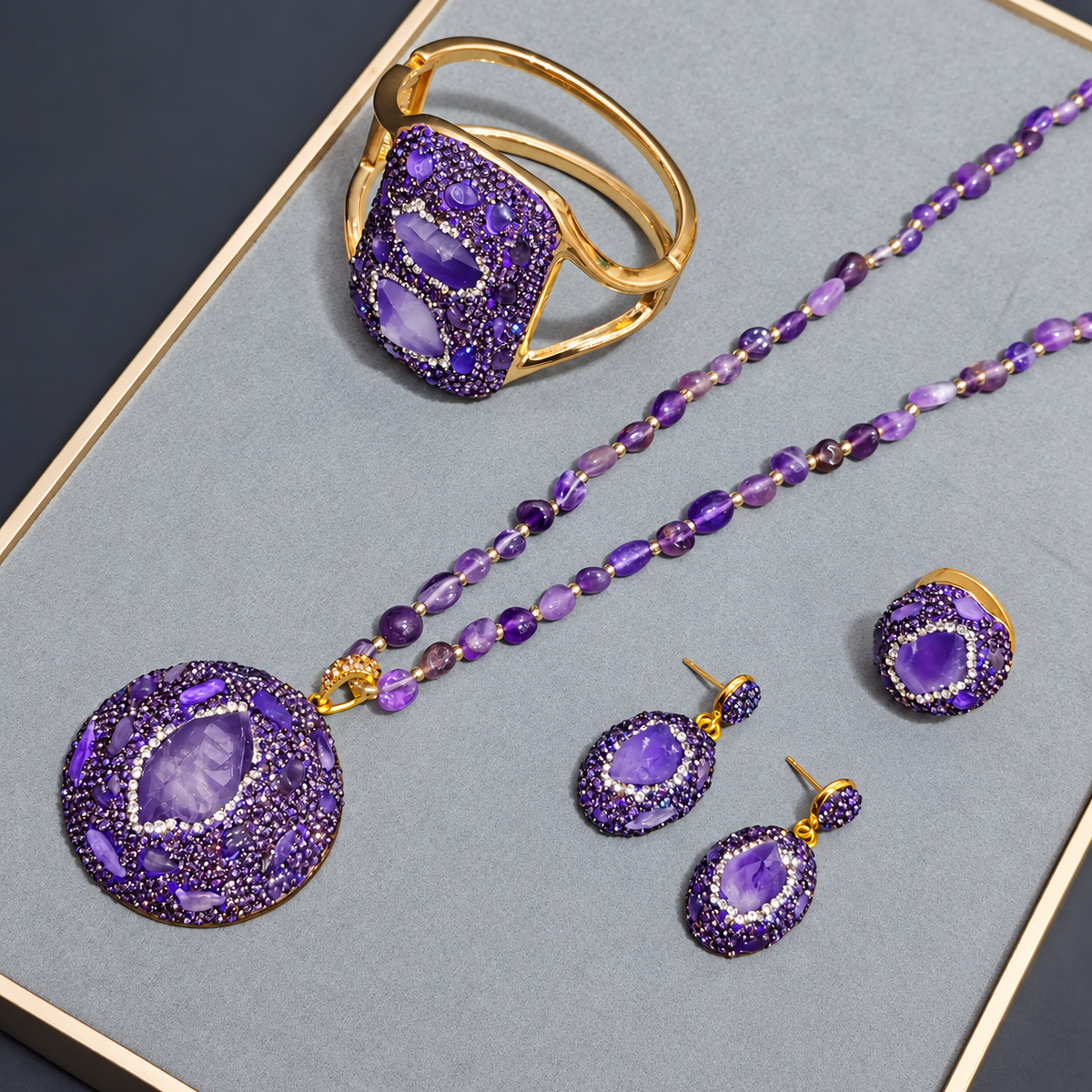 Purple Series Natural Crystal Stone 4‑Piece Jewelry Set, Includes Bangle, Necklace, Earrings & Ring