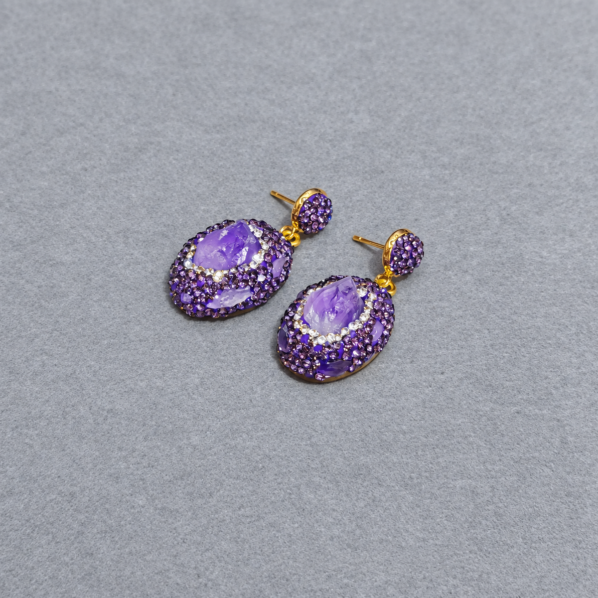 Purple Series Natural Crystal Stone 4‑Piece Jewelry Set, Includes Bangle, Necklace, Earrings & Ring