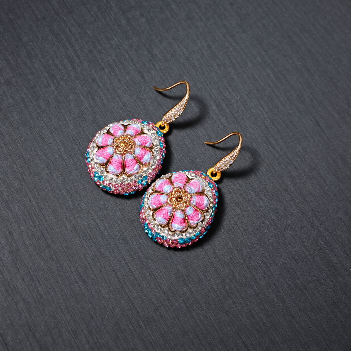 New Arrival Heavy‑Duty Colorful Flower Necklace Earrings Ring 3‑Piece Jewelry Set, Rhinestone‑Inlaid, Light Luxury High‑End Style
