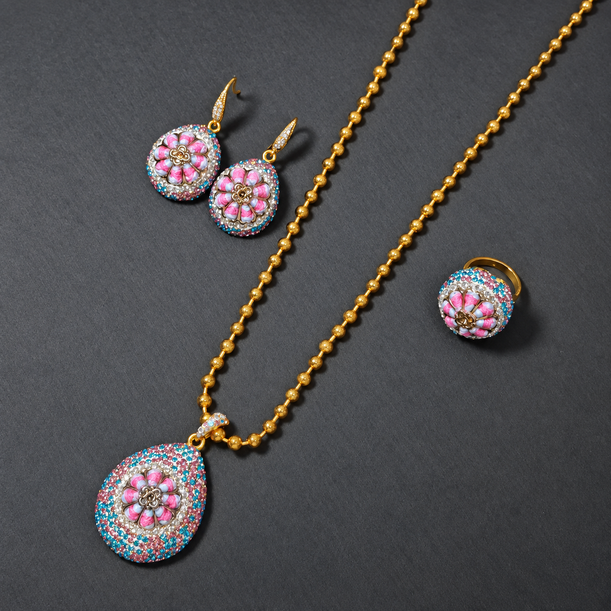 New Arrival Heavy‑Duty Colorful Flower Necklace Earrings Ring 3‑Piece Jewelry Set, Rhinestone‑Inlaid, Light Luxury High‑End Style