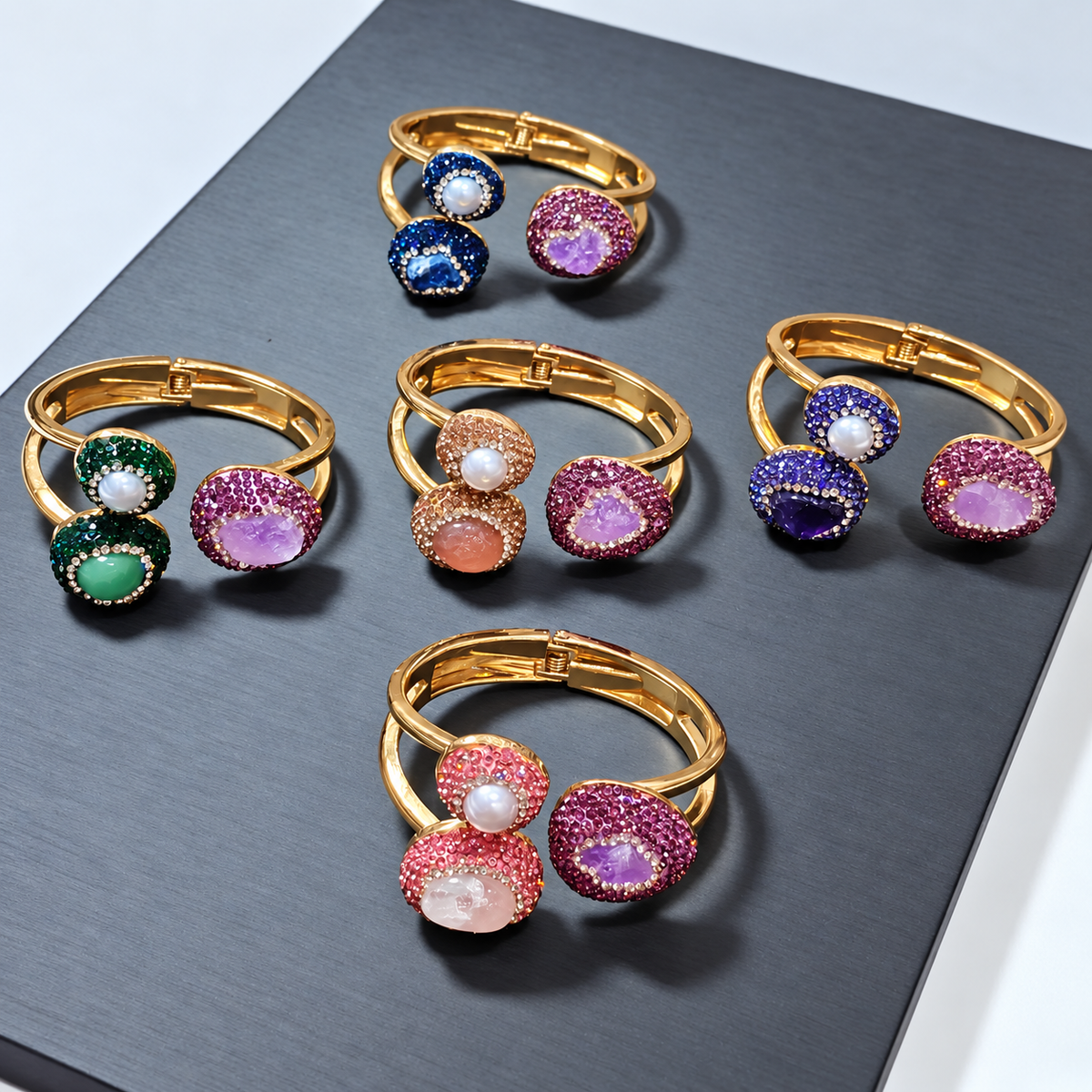 Copper Gold‑Plated Bangle Inlaid With Rough Natural Crystal & Rhinestones