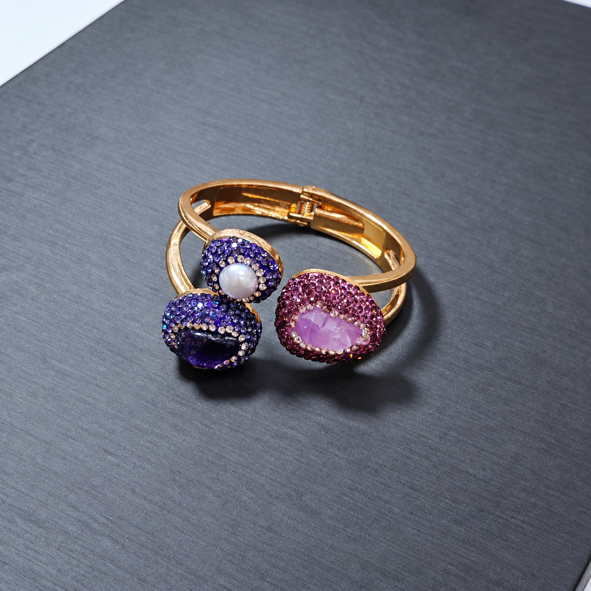 Copper Gold‑Plated Bangle Inlaid With Rough Natural Crystal & Rhinestones