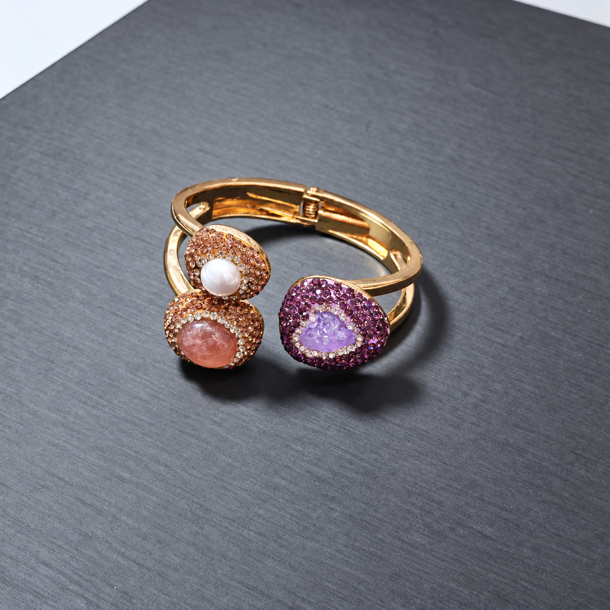 Copper Gold‑Plated Bangle Inlaid With Rough Natural Crystal & Rhinestones