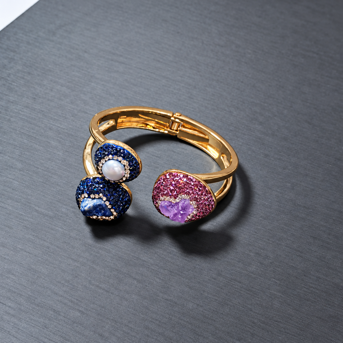 Copper Gold‑Plated Bangle Inlaid With Rough Natural Crystal & Rhinestones