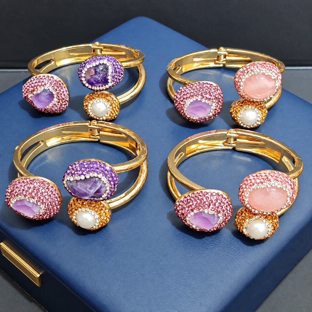 Copper Gold‑Plated Bangle Inlaid With Rough Natural Crystal & Rhinestones